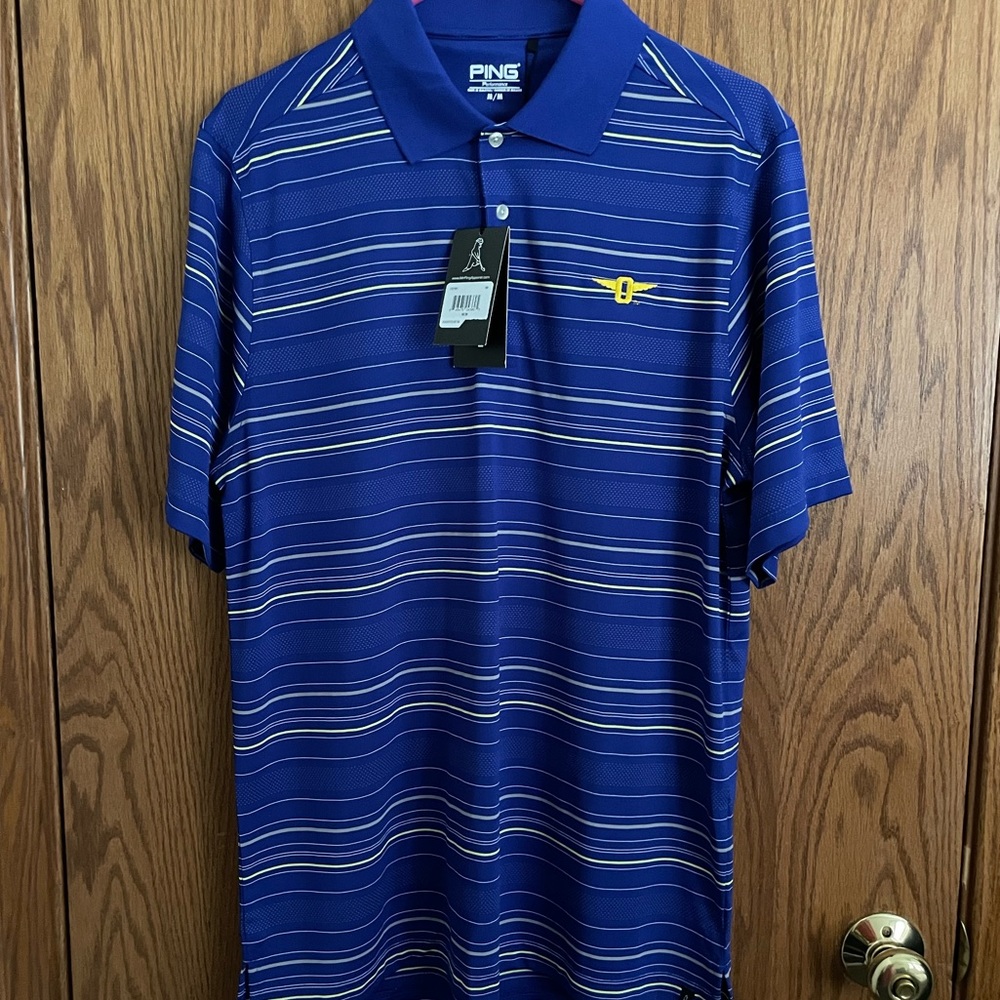 Ping Performance Golf Polo Shirt Blue Striped Short Sleeves Men's Size Med. NWT